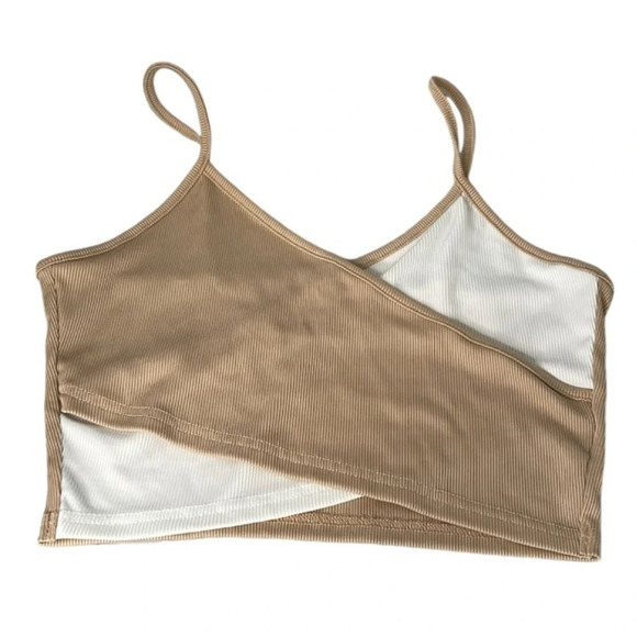 5/$25 SHEIN Quite Two Tone CrossoverFront Cami Top Cropped Ribbed Tan White L - Picture 2 of 10